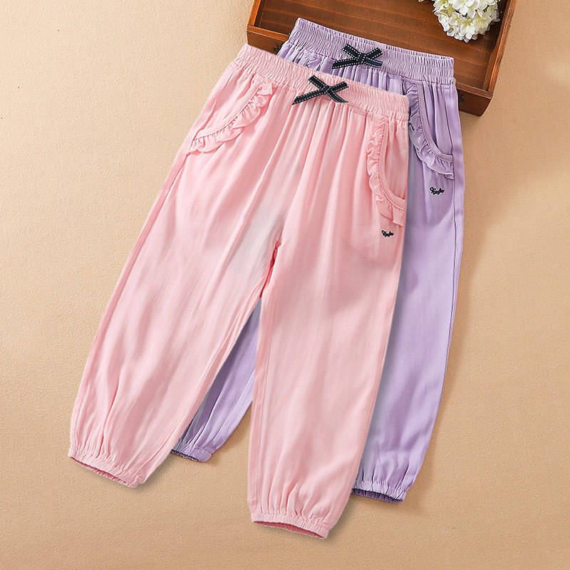 Children's anti-mosquito pants pure cotton lightweight 2021 new girls summer ice silk ultra-thin nine-point pants purple pants