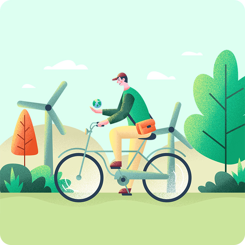 手绘绿色能源自行车出行地球日插画AI素材