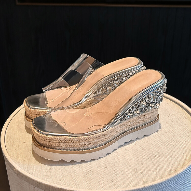 Wedge Rubber Foam Adhesive Shoes, Microfiber Leather, Shiny Sequins/Glitter Slip-On Sandals