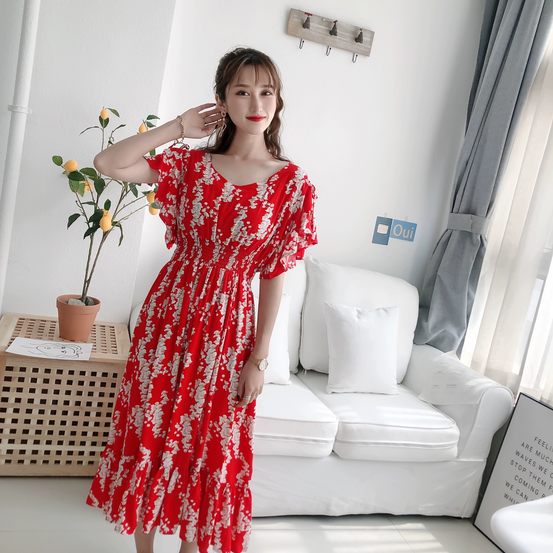 Váy cotton lụa cổ chữ V 2020 mùa hè mới tính khí dài giữa lưng cao eo thon váy hoa nhân tạo kỳ nghỉ - Váy eo cao