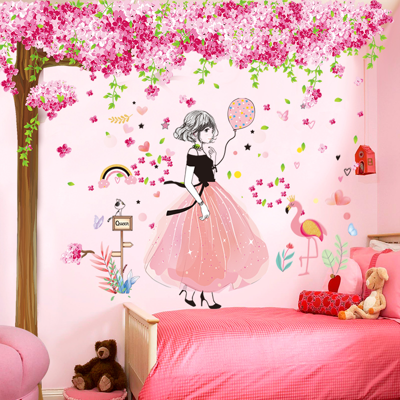 Bedroom warm wall sticker girl heart pink cherry tree sticker self-stick room background wall decoration