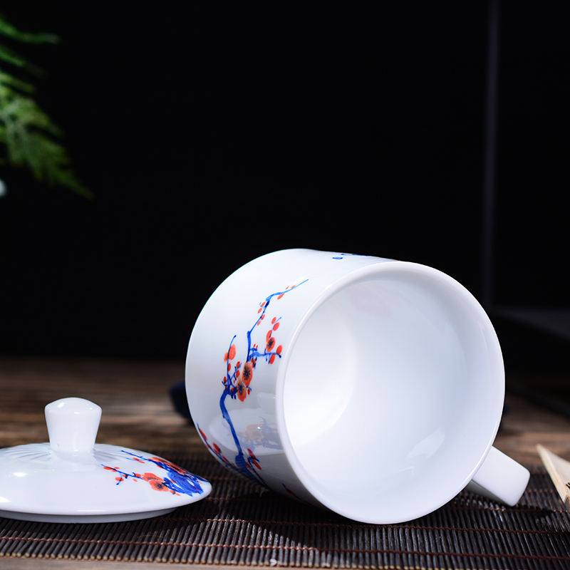 Jingdezhen ceramic cups with cover household glair office gift fuwa water cup blue and white tea tea cup