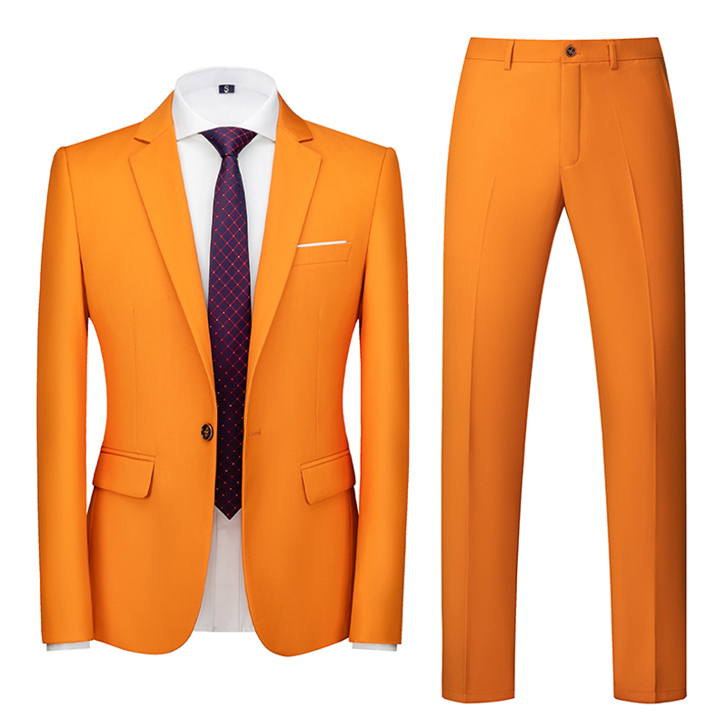 Orange Suit for Men, Two-Piece Business Slim-Fit New Korean Style Suit Set, Young Men's Colorful Wedding Jacket and Trousers