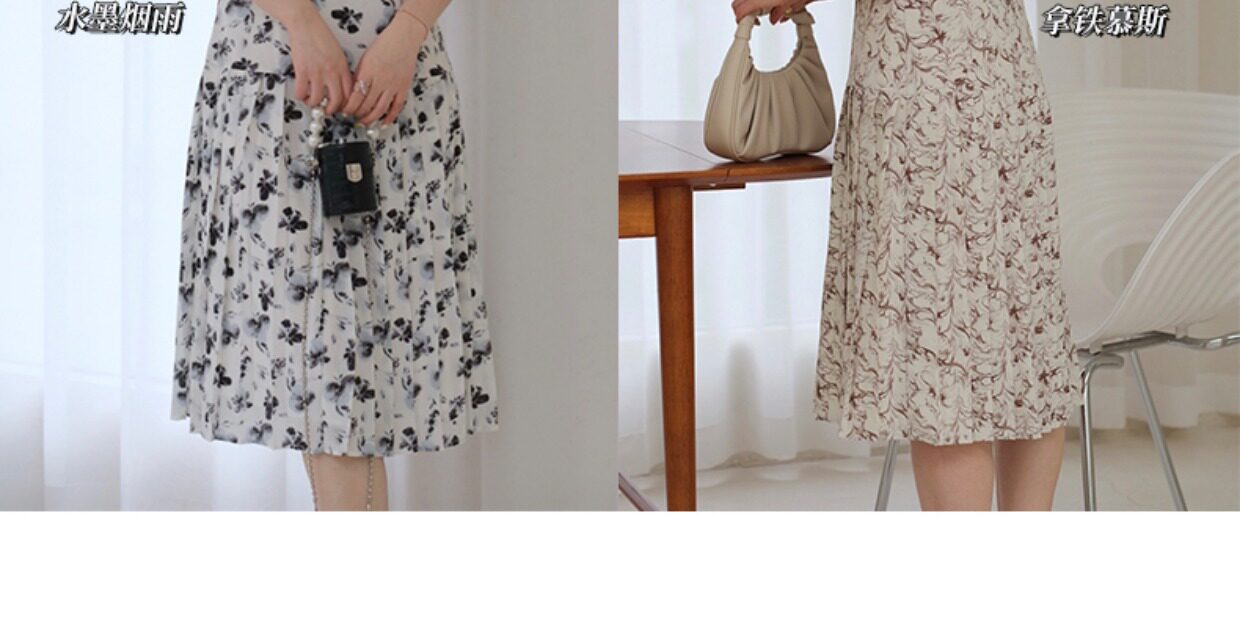 JML姜麦粒 法式复古百褶水墨连衣裙长款高腰碎花V领显瘦茶歇裙夏详情5