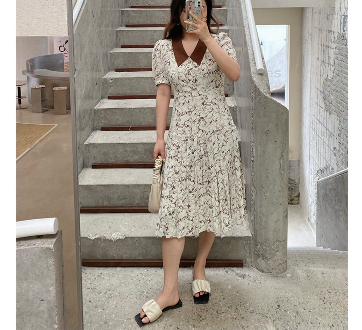 JML姜麦粒 法式复古百褶水墨连衣裙长款高腰碎花V领显瘦茶歇裙夏详情32