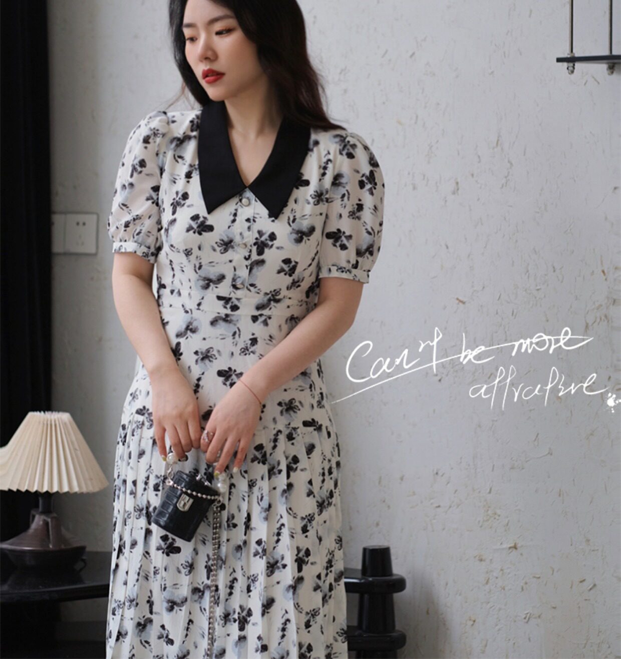 JML姜麦粒 法式复古百褶水墨连衣裙长款高腰碎花V领显瘦茶歇裙夏详情10