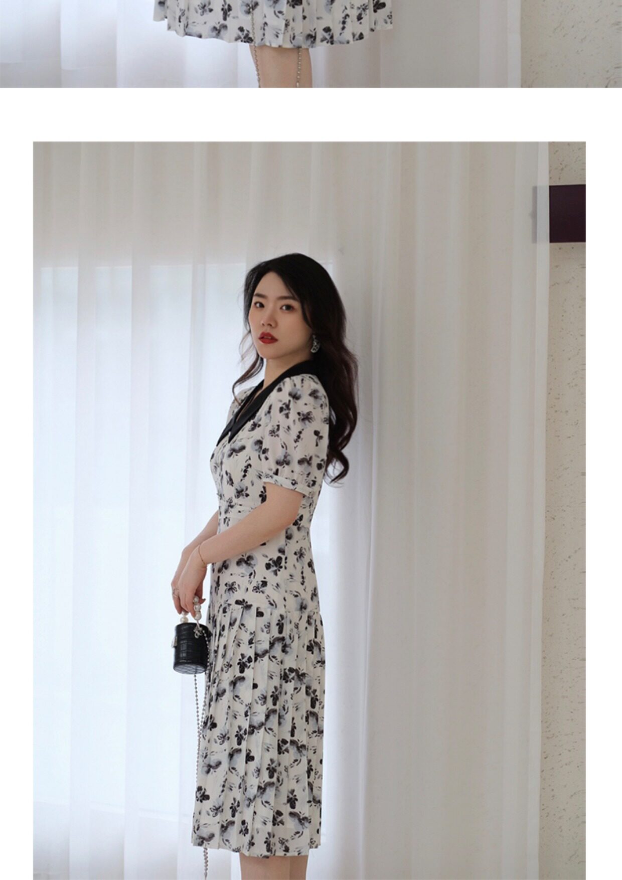 JML姜麦粒 法式复古百褶水墨连衣裙长款高腰碎花V领显瘦茶歇裙夏详情8