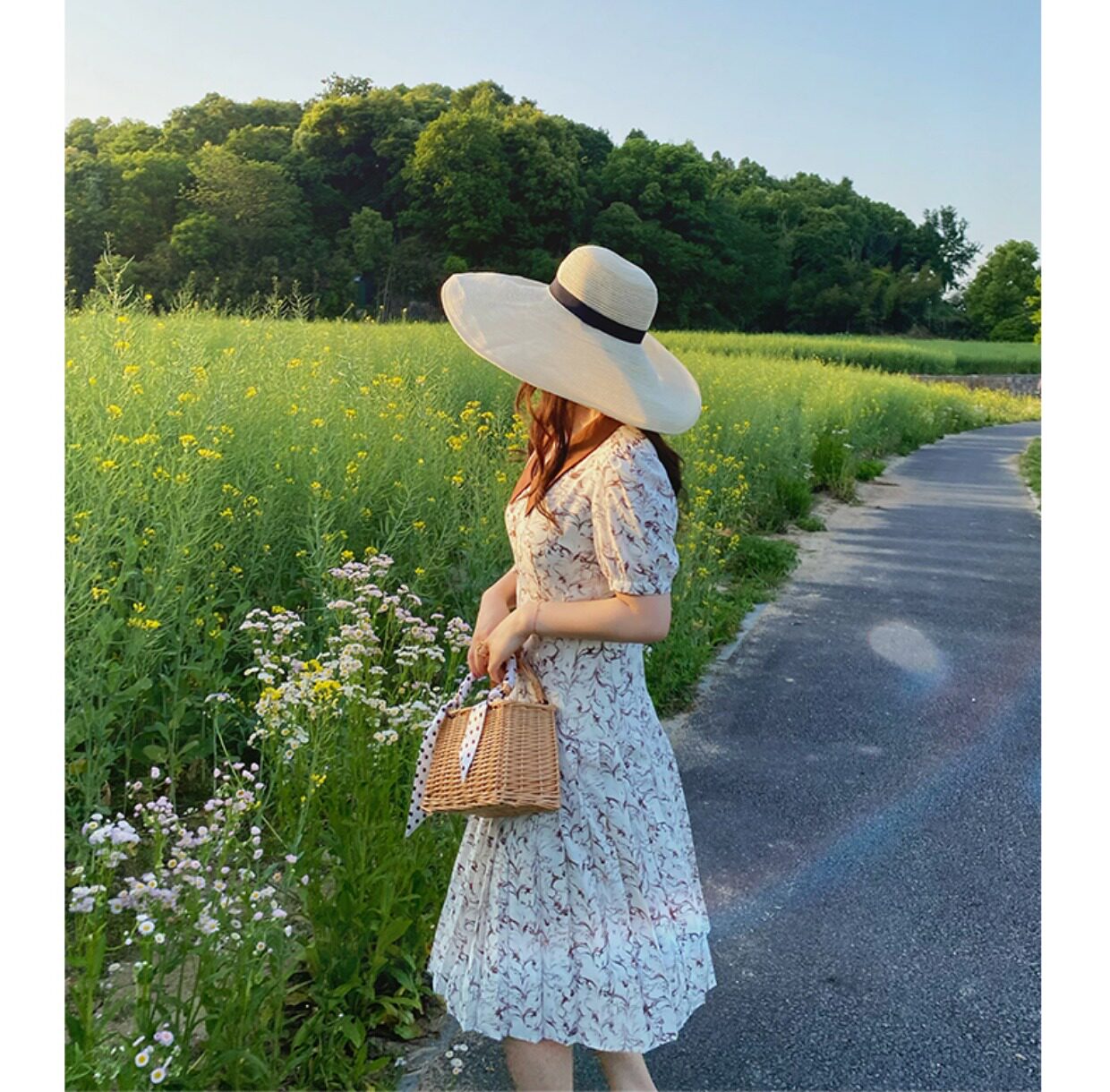 JML姜麦粒 法式复古百褶水墨连衣裙长款高腰碎花V领显瘦茶歇裙夏详情37