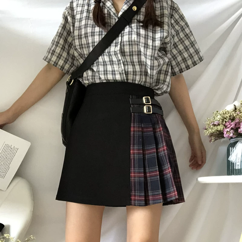 Màu tương phản bất đối xứng váy kẻ sọc xếp ly váy ngắn nữ mùa hè 2019 new plus size váy mập mm co giãn váy a-line - Váy