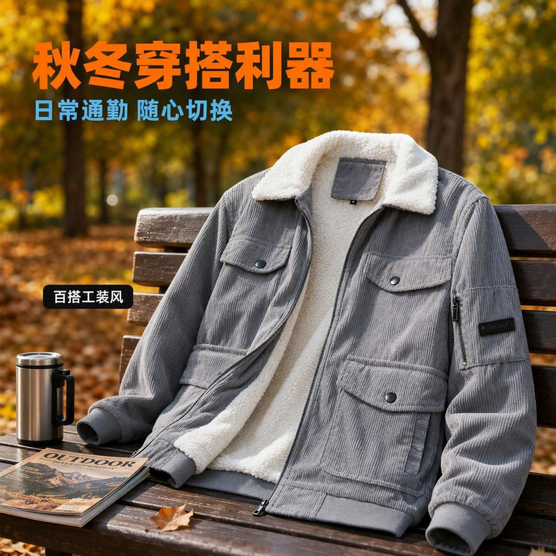 Corduroy Cotton Jacket for Men 2026 Autumn New Style Lapel Lamb Wool Winter Fleece Thickened Casual Jacket Coat Corduroy Cotton Jacket for Men 2026 Autumn New Style Lapel Lamb Wool Winter Fleece Thickened Casual Jacket Coat