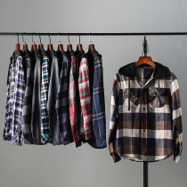 Foreign trade tail single Japanese casual men Spring and Autumn hooded shirt shirt hat plaid casual shirt
