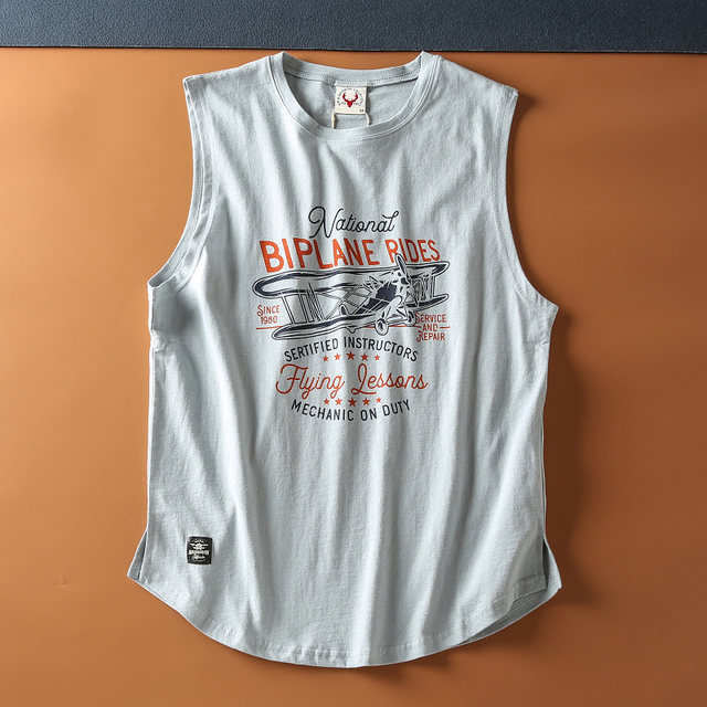 ລະດູຮ້ອນໃໝ່ Ami khaki cotton washed brushed men's sports and leisure printed vest sleeveless T-shirt