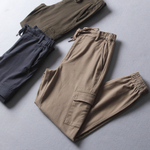 Japanese mens solid color simple Joker comfortable casual multi-pocket tooling trousers water wash cotton tie casual pants tide