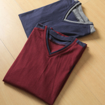 Leisure Joker foreign trade cut tail single mens V collar long sleeve T-shirt washed cotton casual stripe T-shirt base shirt