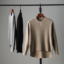 Japanese simple mens round neck pullover sweater front short back long personality arc hem base sweater sweater