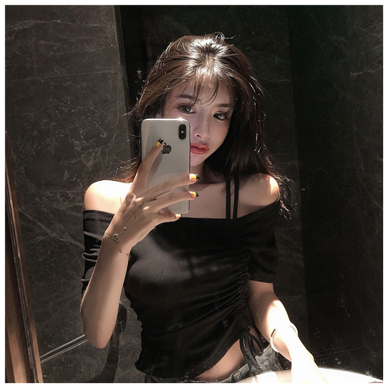 Short drawing rope T-shirt woman 2022 New short sleeves Shoulder Sexy Beating Undershirt Mesh Red Collarbone With a Shoulder Blouse