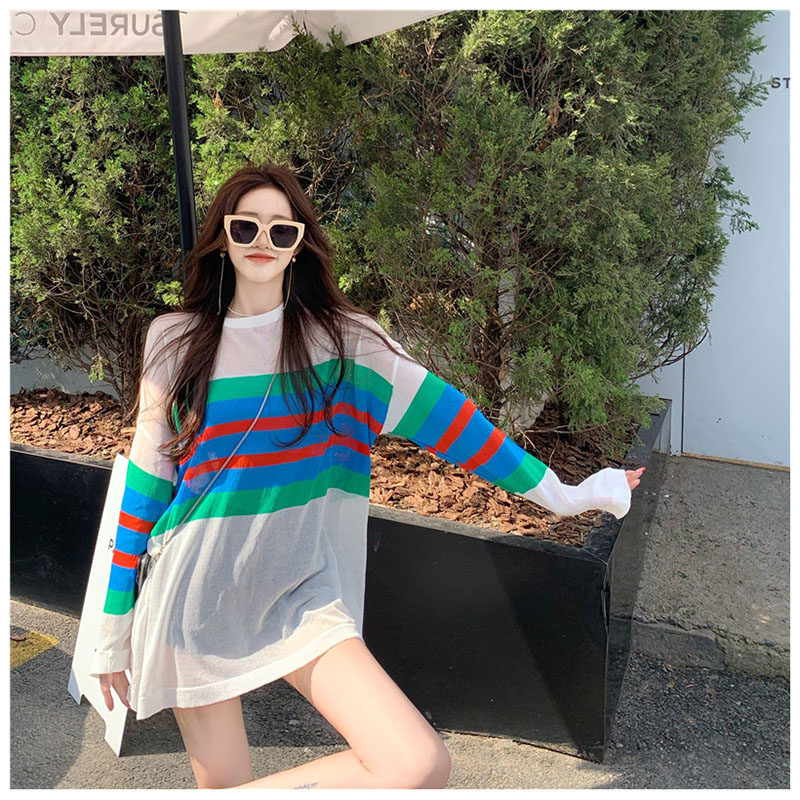 Thin long-sleeved top women's summer new chic design niche striped T-shirt tide large T-shirt loose sunscreen shirt