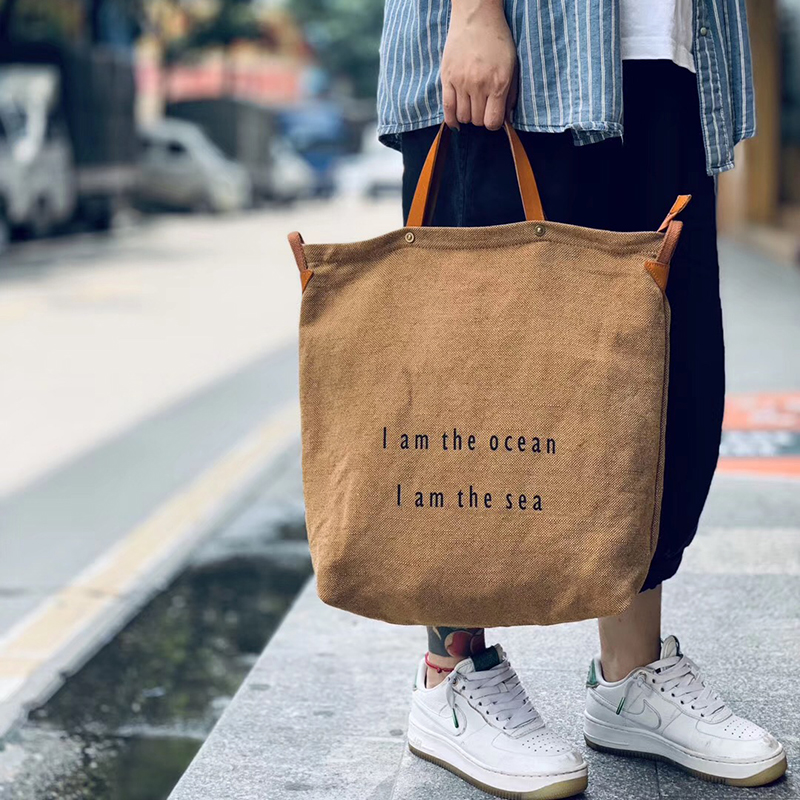 Rongqing Retro Original Cotton Linen Cowhide Tote Bag Large Capacity Travel Handbag Versatile One Shoulder Diagonal Cloth Bag