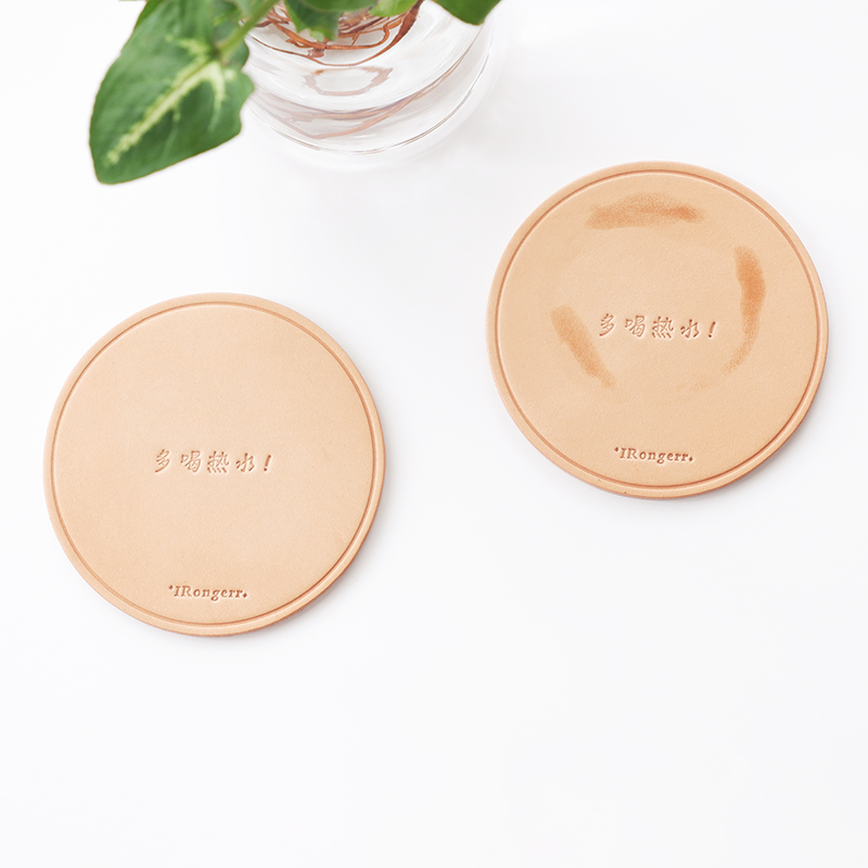 Rongqing Retro Personalized Custom Cowhide Insulation Coaster Round Leather Mat Original Color Vegetable Tanned Leather Coffee Cup Thick Pad