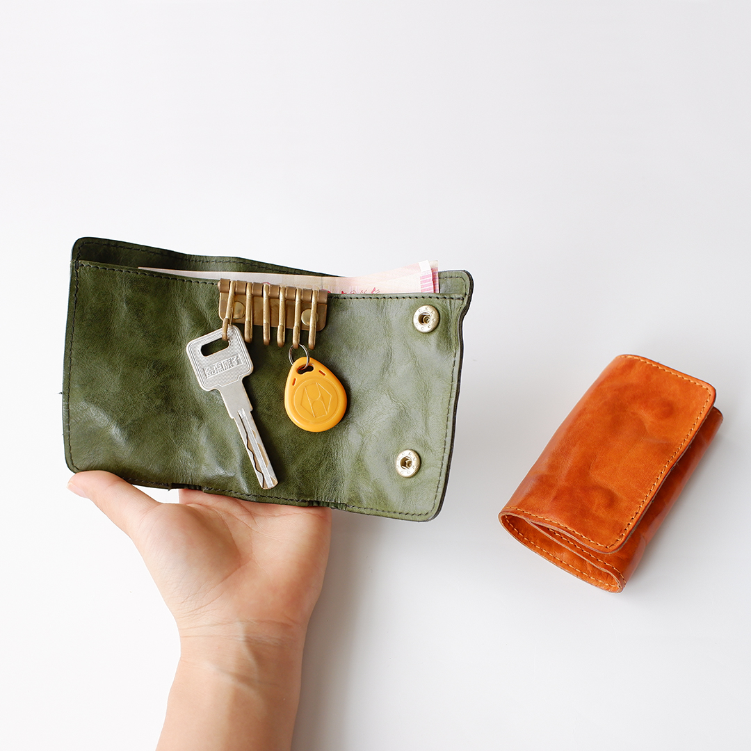 Rongqing Retro Wrinkled Cowhide Key Bag Vegetable Tanned Leather Three-Fold Small Wallet Copper Buckle Vertical Coin Purse Ladies Small Bag