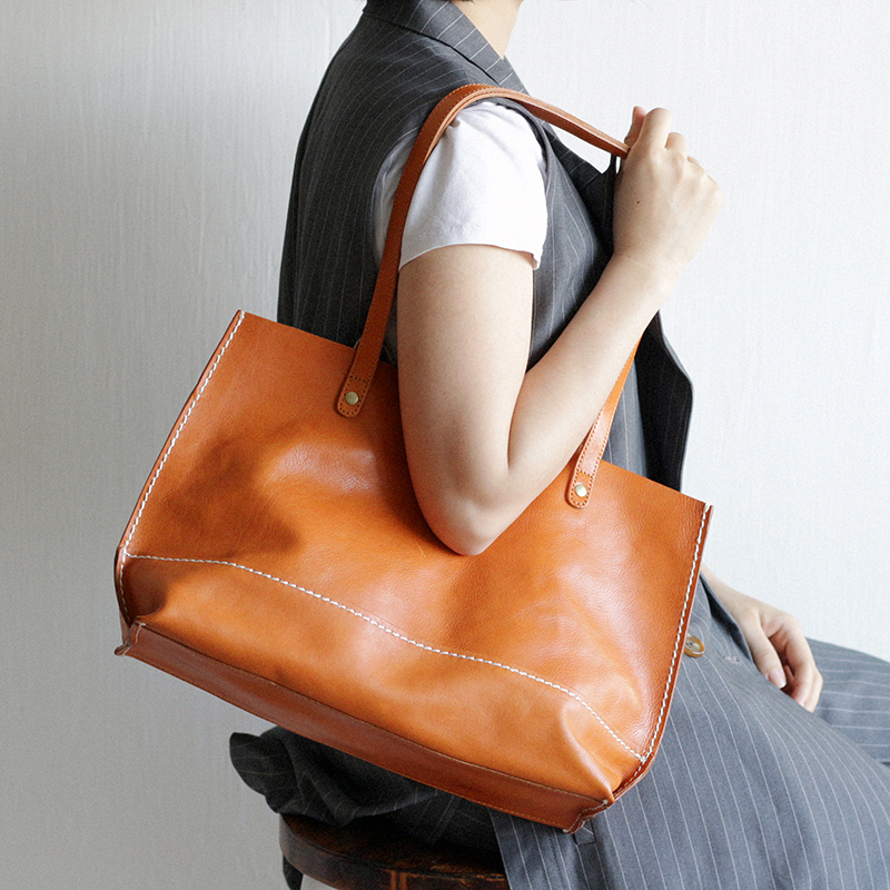 Rongqing retro handmade tote bag texture vegetable tanned cowhide horizontal shoulder bag niche design soft leather commuter women's bag