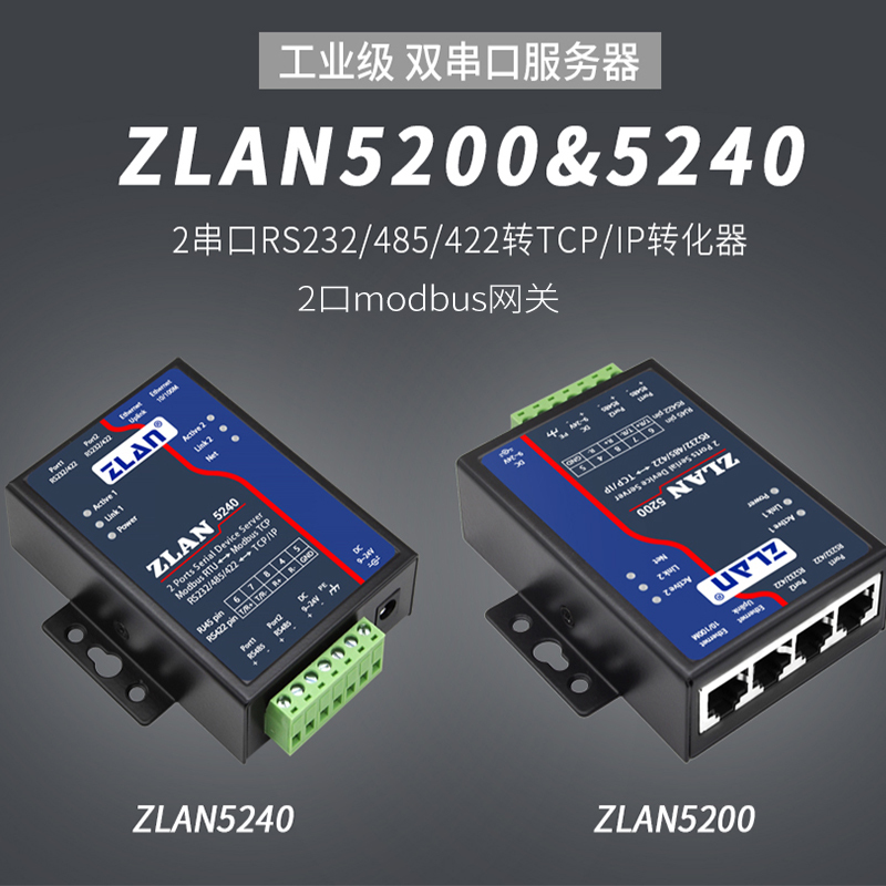 Dual Serial Port Server 2 Ports 232/485/422 to Ethernet 2 Ports Modbus Gateway Zlan5200/5240