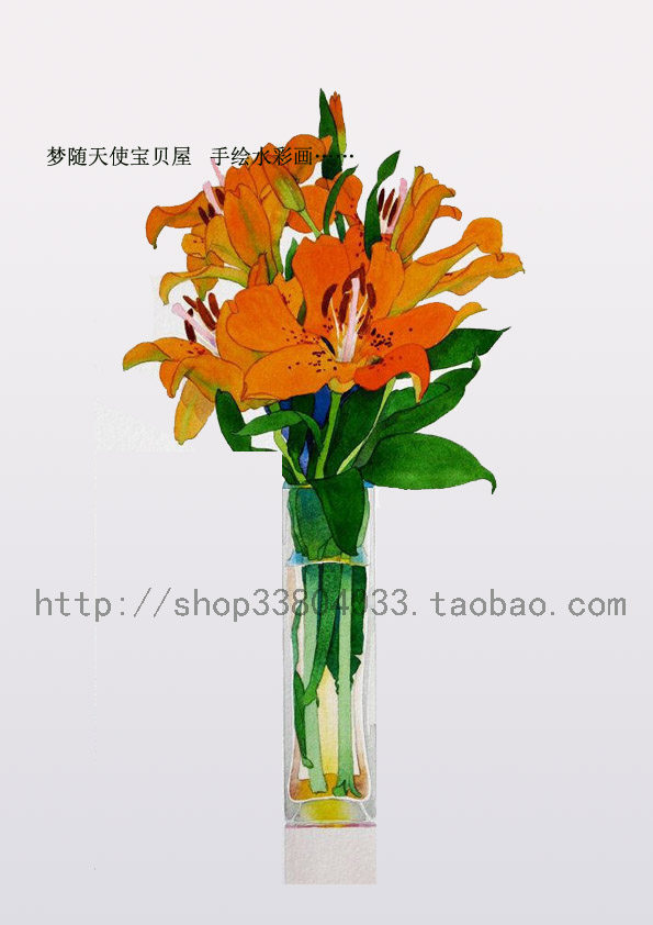 Pure hand-painted watercolor flowers Flower copying Glass vase series - orange lily original manuscript