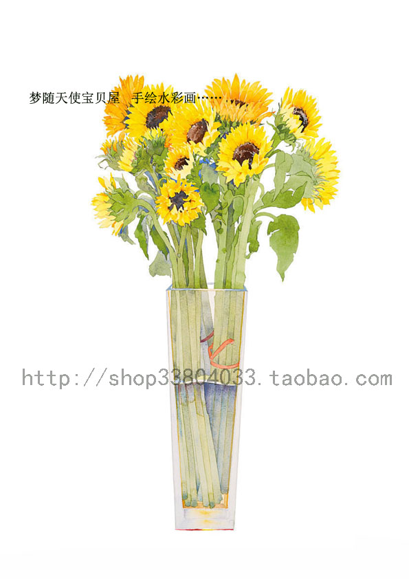 Pure hand-painted Watercolor painting Flower series Flower copying Glass vase series - sunflower original manuscript