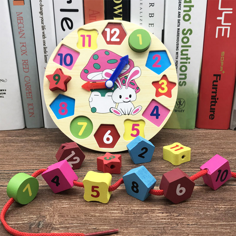 Children's wooden clock toys Multi-functional recognition geometric shapes Building blocks puzzle numbers wear rope beads toys