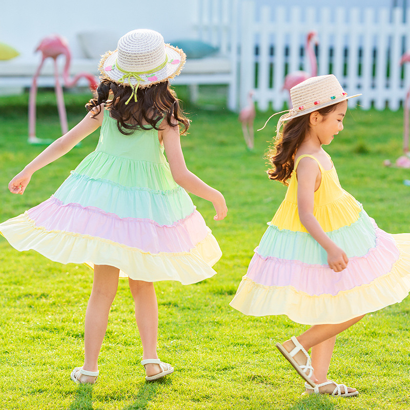 Trẻ em của chiếc váy cô gái bông váy 2020 mùa hè cầu vồng công chúa váy lớn trong sling cầu vồng váy trẻ em những đứa trẻ lớn của.