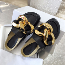 Niche design leather flat chain Baotou half slippers Women wear retro cool drag muffin Muller shoes Loafers