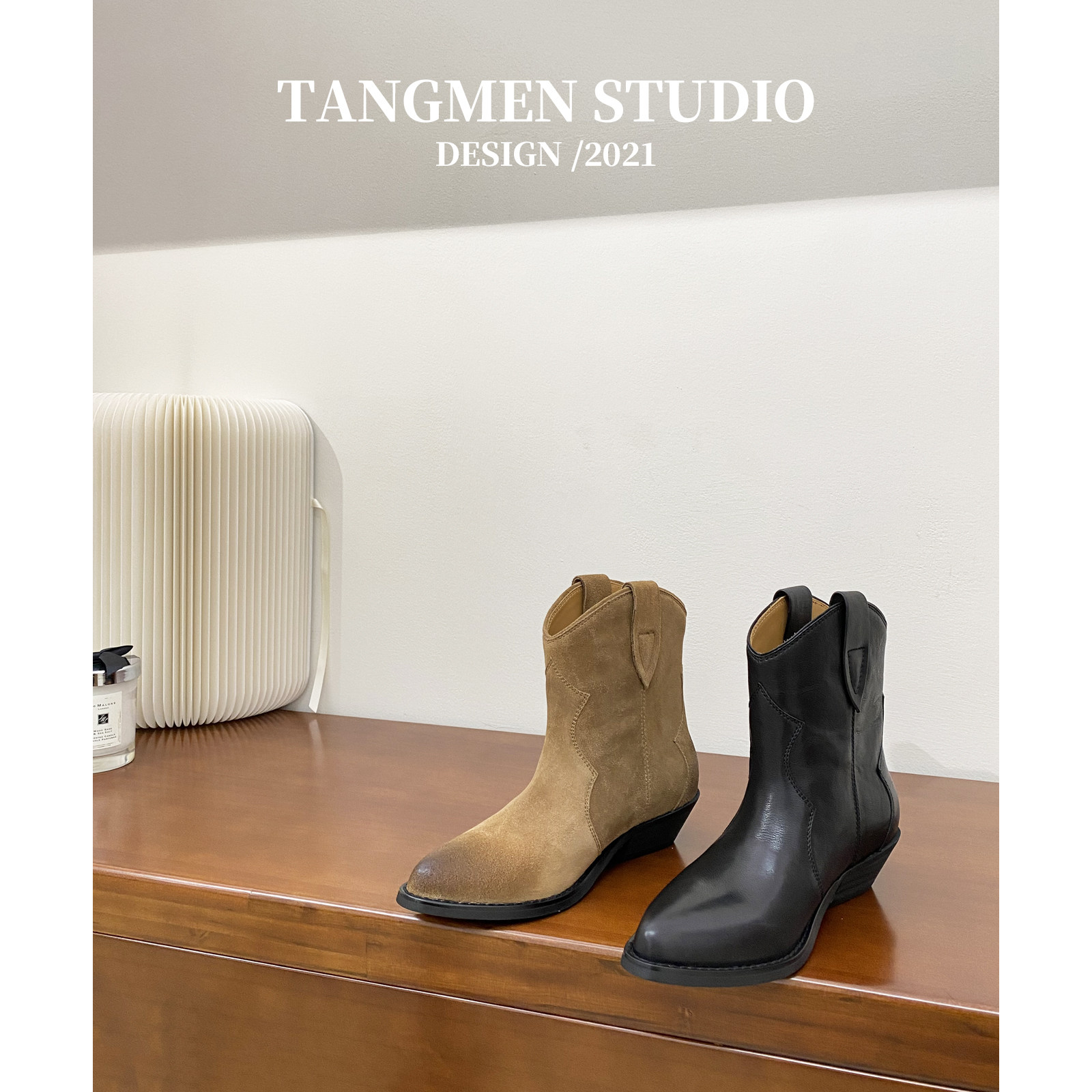 Boots children 2021 new genuine leather retro pointed western denim boots coarse heel make old V mouth short boots spring autumn single boots