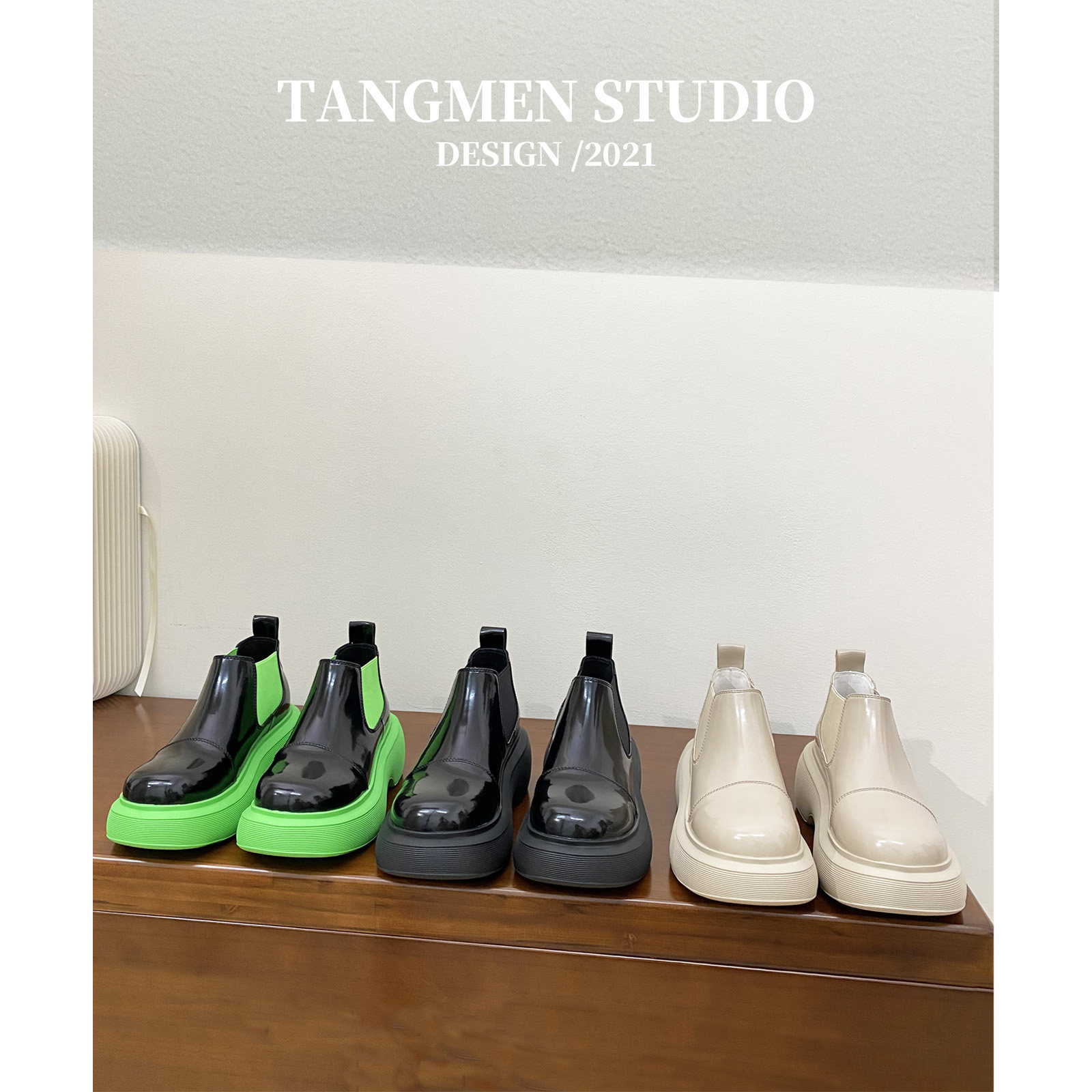 Boots children 2021 new genuine leather pine pastry thick bottom Inn wind short boots European and American wind green bottom Chelsea boot Martin boots