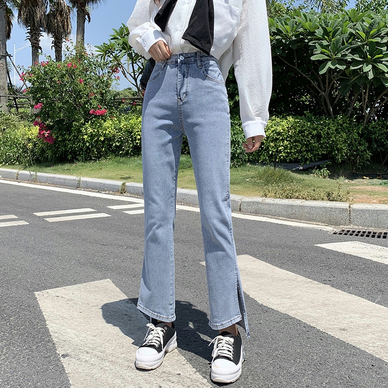 2021 Fall New Fat Mm Light Blue Open Fork 90% Jeans Woman Fat Sister High Waist Display Slim Straight pants