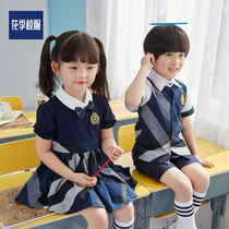 Kindergarten uniform English style class uniform summer childrens school uniform Plaid stripe short sleeve set graduation clothing Cotton