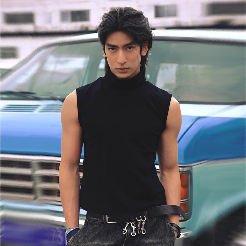 Black High-Neck Pure Cotton Sleeveless Vest, Men's High-End Slim-Fit Sleeveless T-Shirt, Fitness Sports Stand-Up Collar Vest Black High-Neck Pure Cotton Sleeveless Vest, Men's High-End Slim-Fit Sleeveless T-Shirt, Fitness Sports Stand-Up Collar Vest