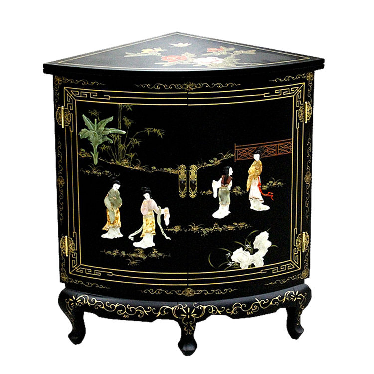 Lacquer Art Home Bone Stone Inlaid Small Corner Cabinet Corner Decorative Cabinet Yangzhou Lacquer New Chinese Classical Solid Wood Furniture