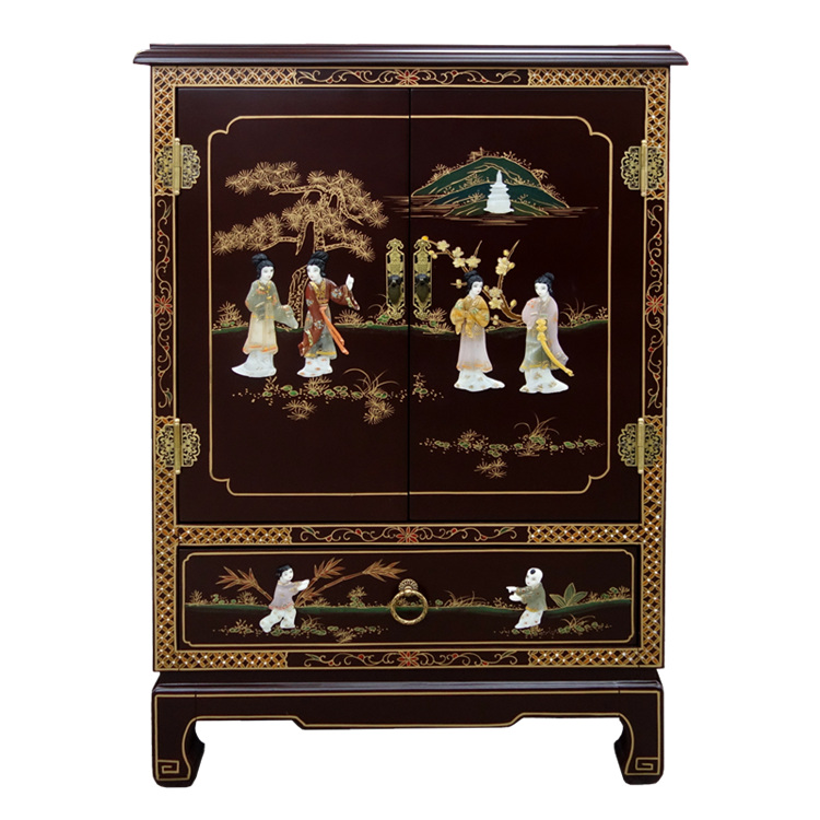 Lacquer Art Bone Stone Inlay Figure Xuan Guan Decorative Cabinet Shoes Cabinet Yangzhou Lacquer New Chinese Vintage Residence Decoration