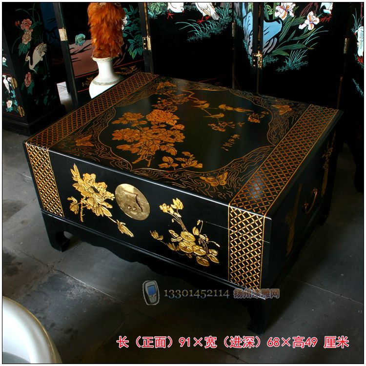 Yangzhou lacquerware custom neoclassical lacquer art home decoration carved black color full gold Bogu box-type coffee table