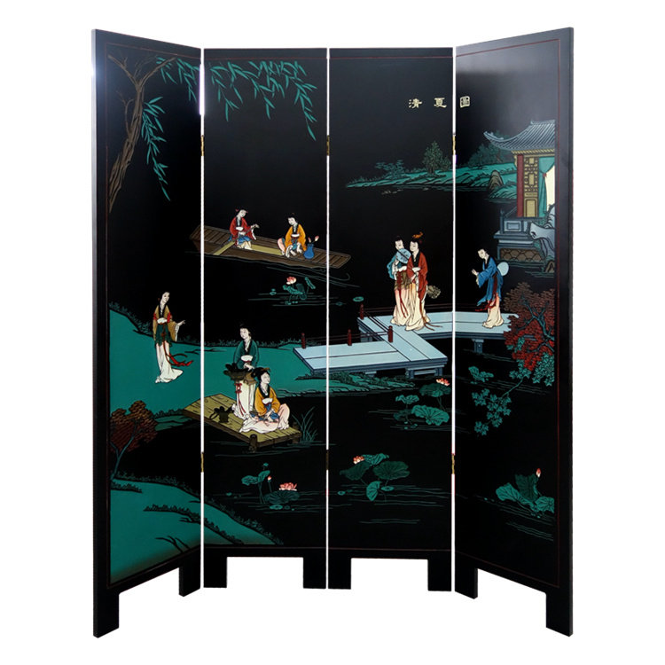 Yangzhou lacquerware engraved black gold and silver Qingxia figure four-fold screen entryway partition neoclassical lacquer art home decoration