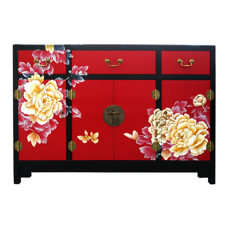 Lacquer art painted with four doors and three draws Xuan Guan Decorative Cabinet Multicolored Custom Yangzhou Lacquer Ware New Chinese Vintage Solid Wood Furniture