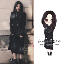 Jin Zhini Jennie the same black knitted dress spring long slim thin base sweater dress autumn and winter