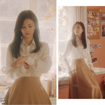 Lifetime White Deer with the same retro wave dot temperament Joker shirt women khaki high waist A- line dress autumn