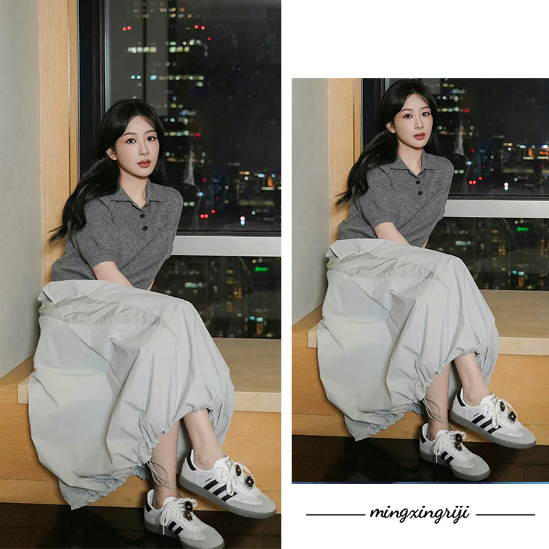 楊子同型グレーラペルポロニット半袖ルーズTシャツハイウエスト花蕾スカートロングスカートカジュアル夏