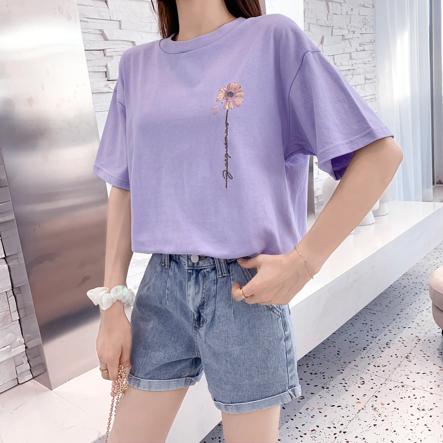 Small Daisy Loose large t 50% sleeve purple T-shirt female blouse Summer Korean version Short sleeves Girl Shot Taro Purple Women Dress