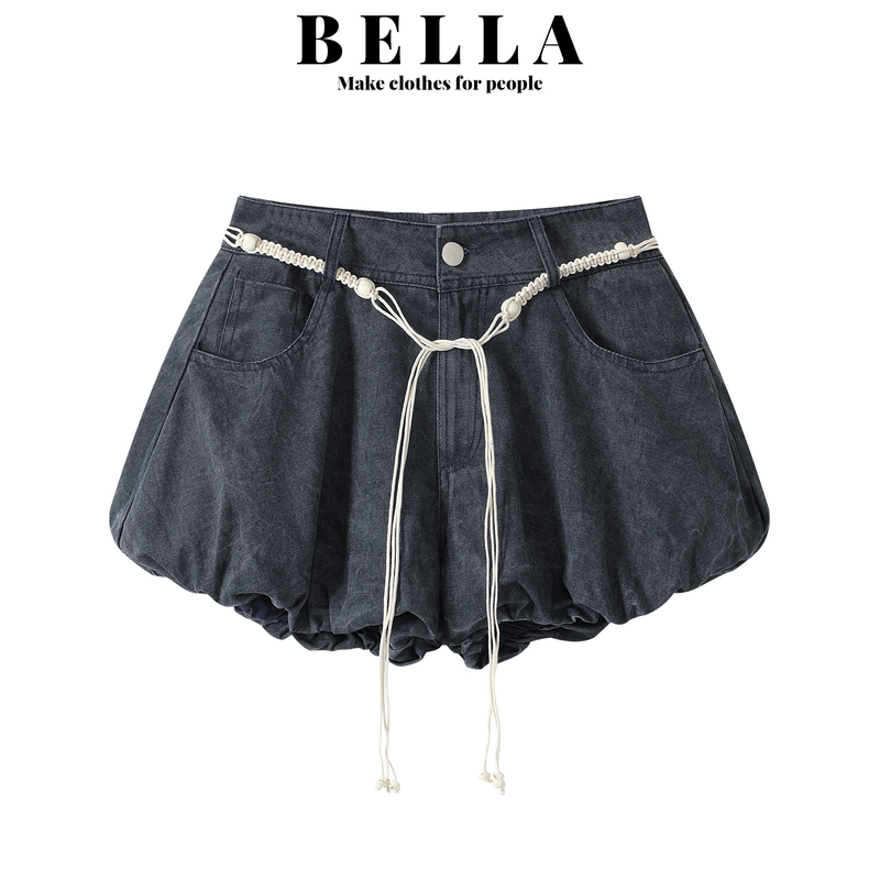 Bella American Retro Blue Floral Denim Shorts for Women, Summer Design, High-Waisted, Slimming A-Line Puffy Pants