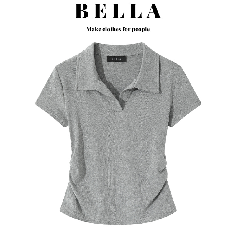 Bella Korean Style Elegant Gray Polo Collar Short-Sleeved T-Shirt for Women, Summer Pleated Waist-Cinching Slim-Fit Top