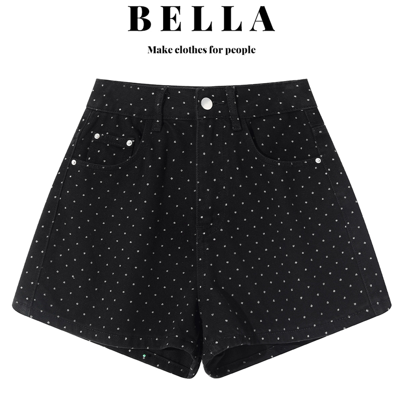 Bella Black Polka Dot Denim Shorts for Women, Summer Petite Hot Girl High-Waisted Slimming Wide-Leg A-Line Hip-Hugging Hot Pants Bella Black Polka Dot Denim Shorts for Women, Summer Petite Hot Girl High-Waisted Slimming Wide-Leg A-Line Hip-Hugging Hot Pants