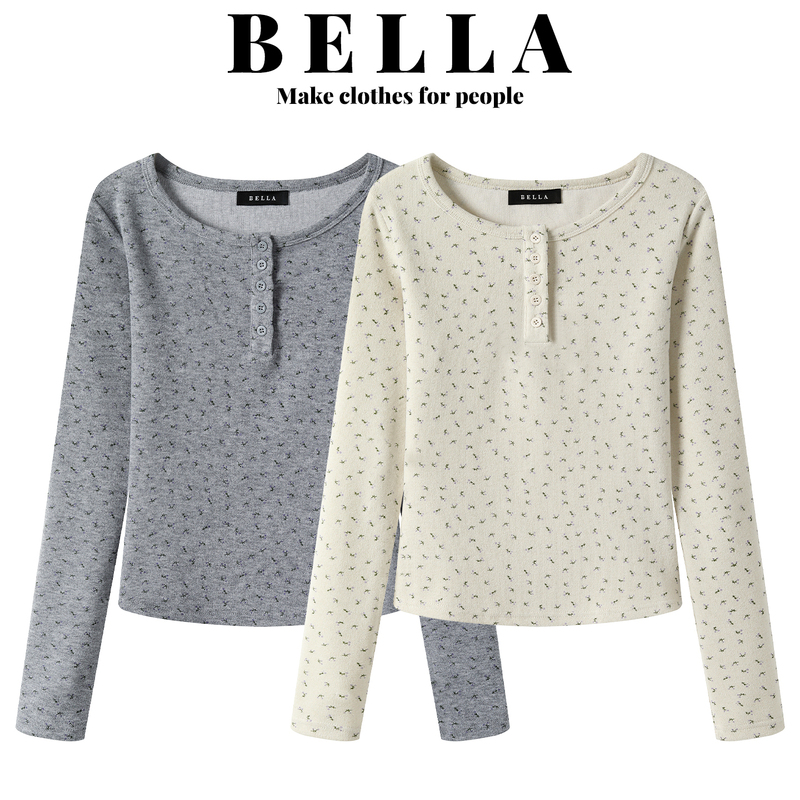 Bella Floral Henry Collar Long-Sleeve T-Shirt for Women, Autumn and Winter Design, Niche Slim-Fit Base Shirt, Inner Layer Top