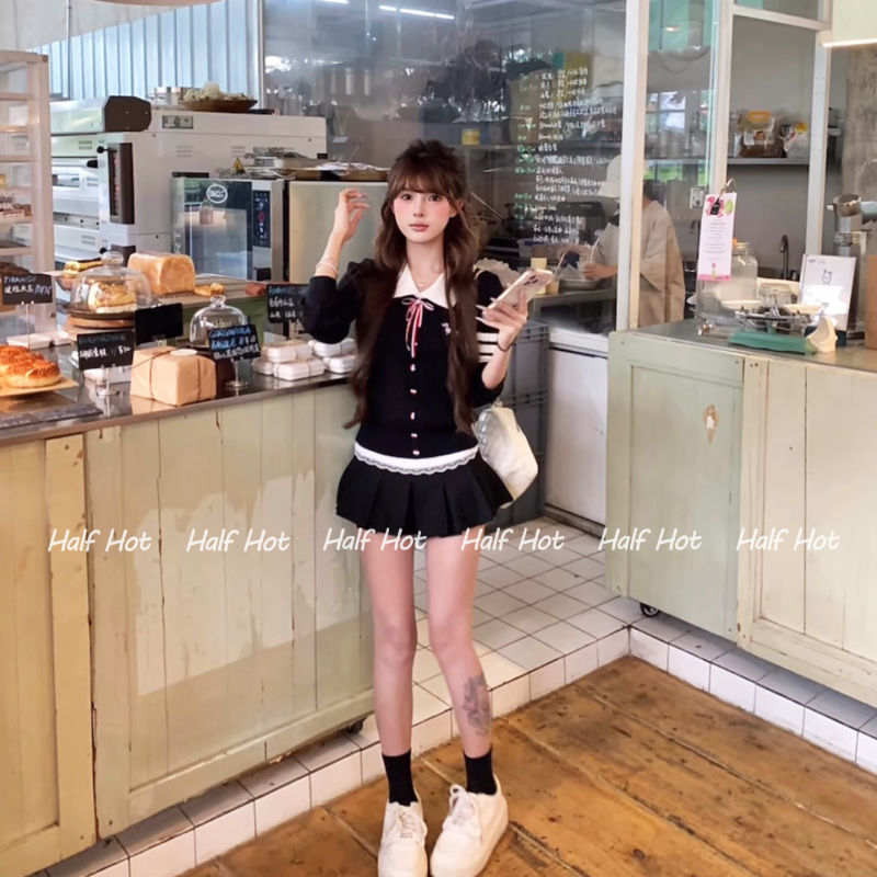 Half-Warm Knit Sweater and Pleated Skirt Set, Miu Style Academy Style Jk Korean Style Outfit for Women Half-Warm Knit Sweater and Pleated Skirt Set, Miu Style Academy Style Jk Korean Style Outfit for Women